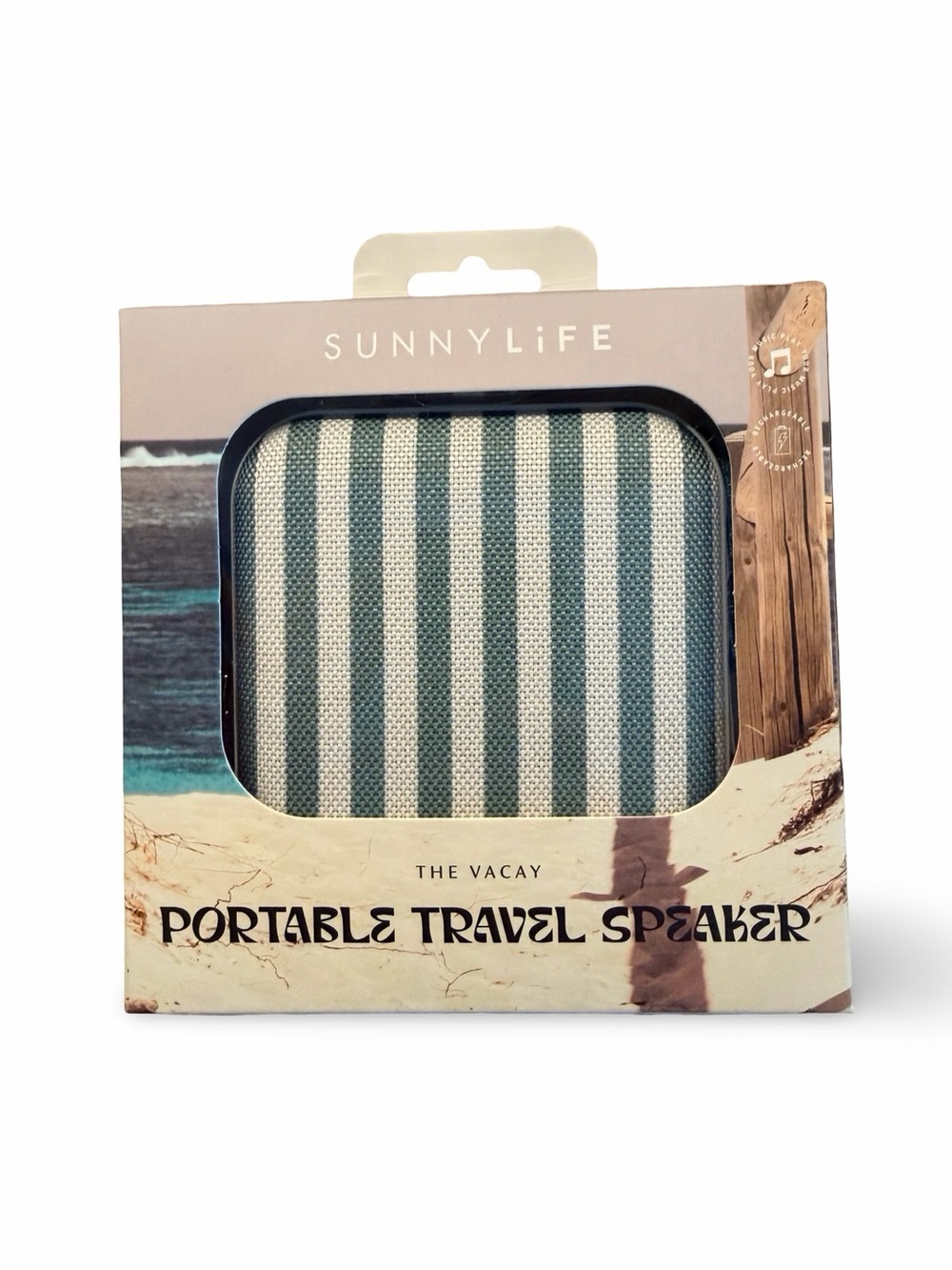 Sunnylife Green and White Stripe Portable Bluetooth Speaker with Carry Loop - Picture 4 of 5